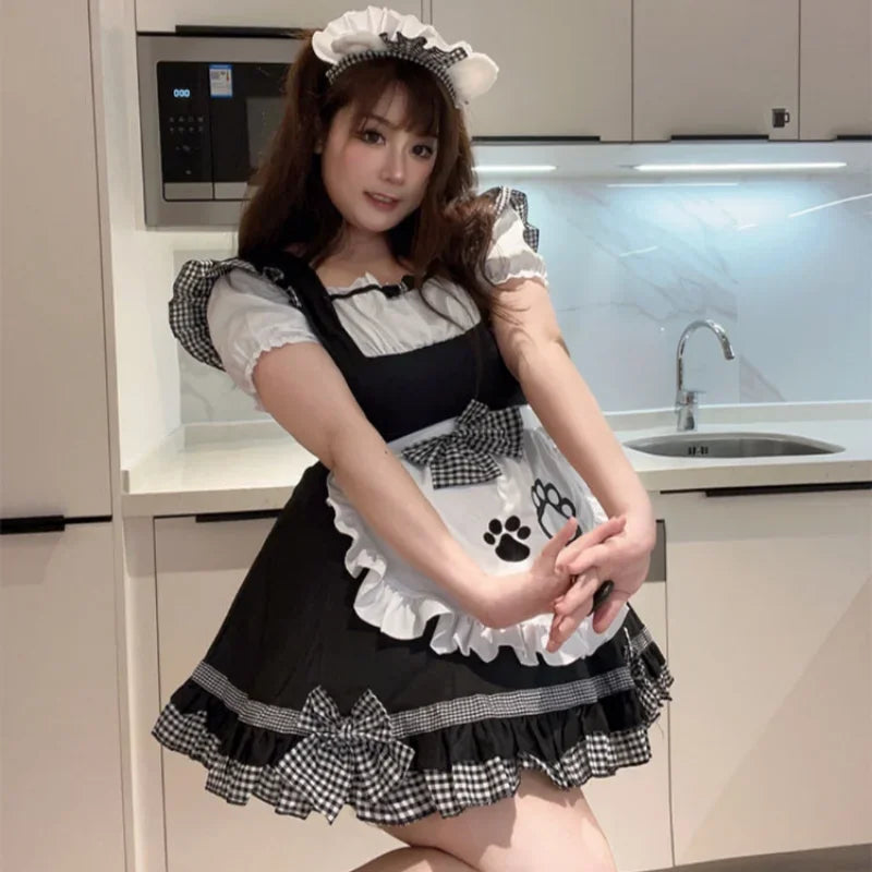 Sweet Maid Cat Halloween Waitress Role Play Kawaii Plus Size Party Black White Plaid Lolita Princess COS