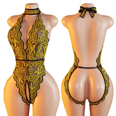 Transparent Yellow Lace Backless Lingerie