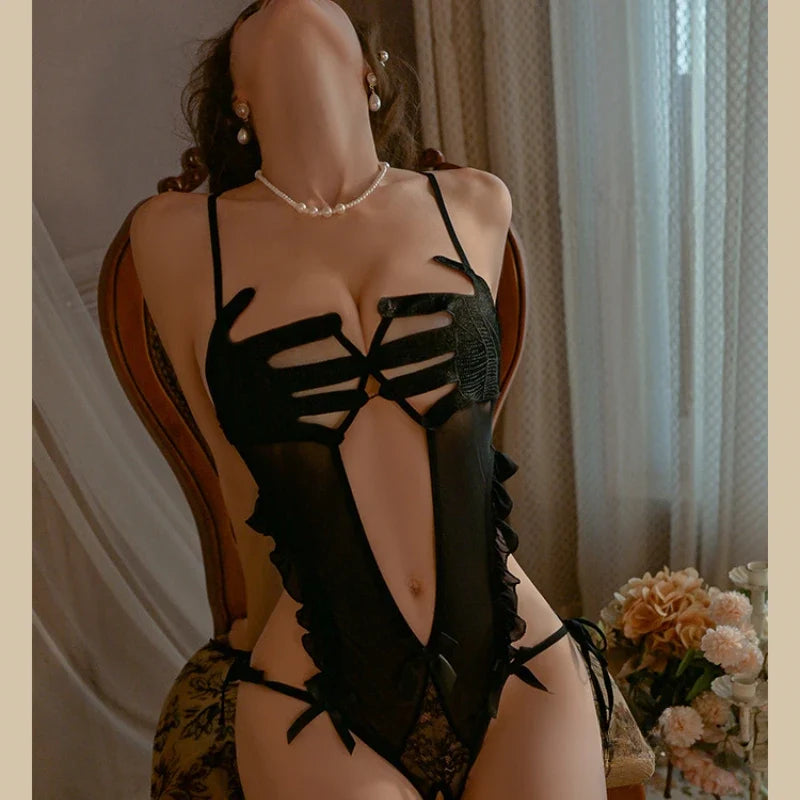 Hollow Out Bodysuit Erotic Lingerie Lace Bow Open Crotch Jumpsuit Tempting Pajamas Couples Costumes