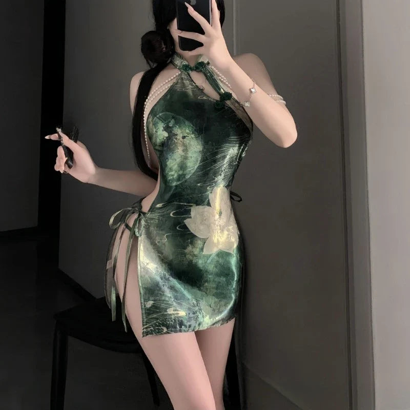 Traditional Style Cheongsam Skirt Lingerie Pearl Hanging Neck Strap Split Porno Exotic Costumes