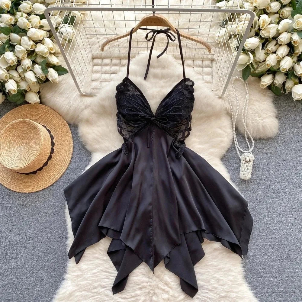Halter Butterfly Lace Satin Nightgown Irregular Hem Homewear
