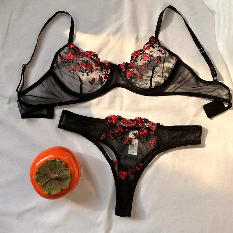 Embroidery Floral Ultra-thin Exquisite Transparent Underwear Bra Set