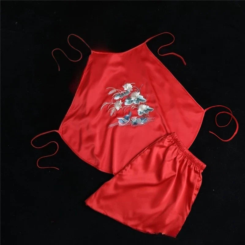 Retro Embroidered Pajamas Suspender Top Hanfu Bellyband Female Adult Nightwear Exotic Costume Home Sleepwear