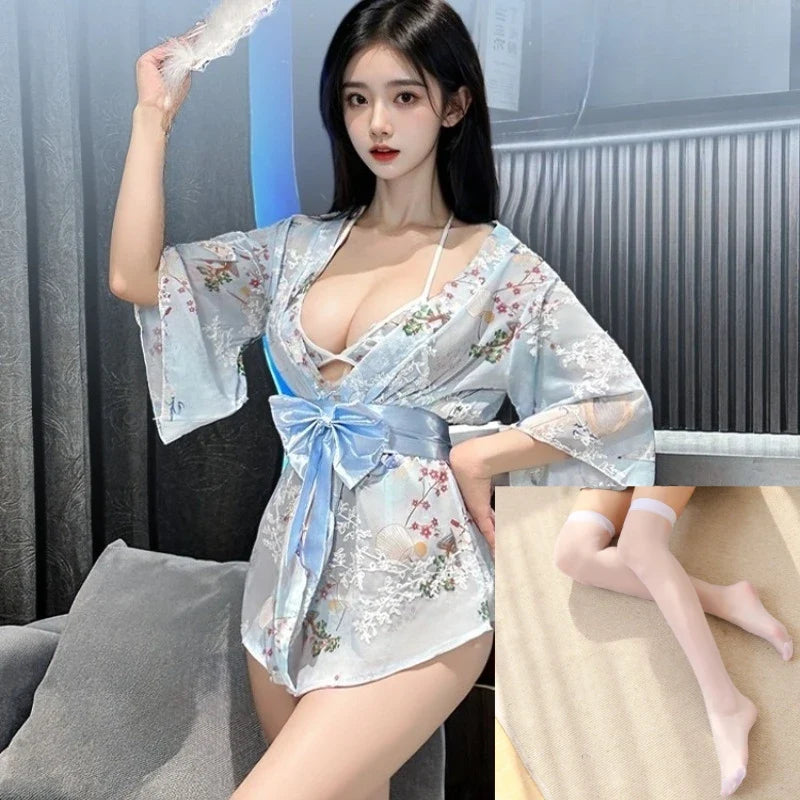 Short Style Kimono Bathrobe Temptation Print Bow Pajamas Home Nightgown Exotic Charm Costumes