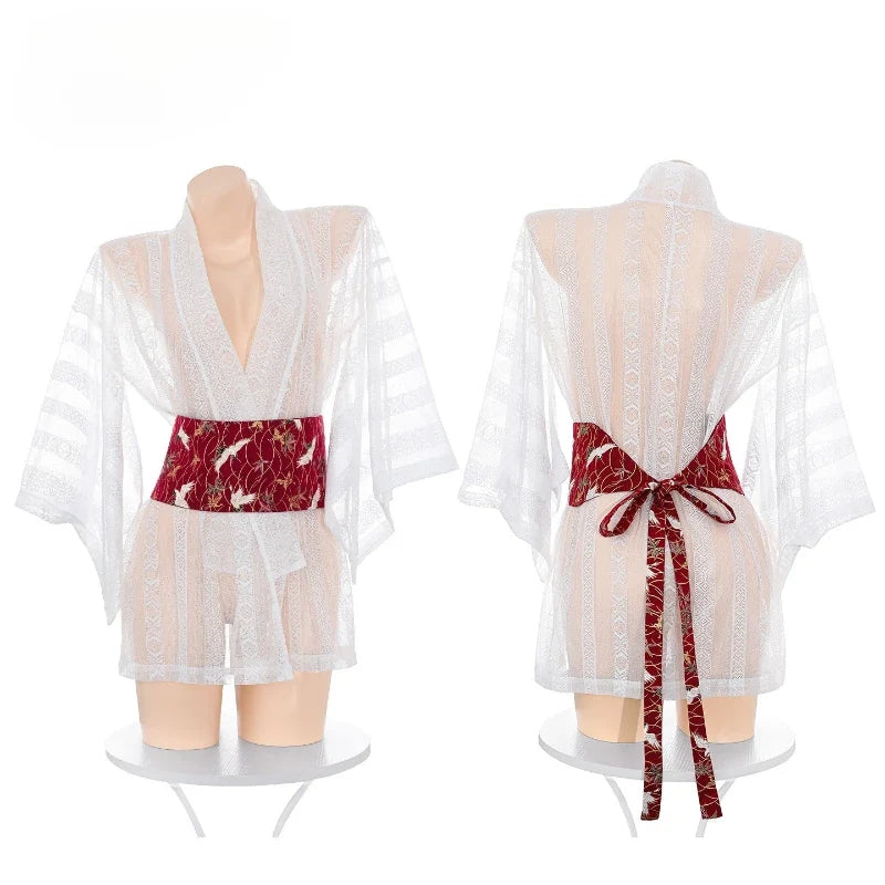 Style Kimono Bathrobes Yukata Nightgown See-through Pajamas Cosplay Night Club Party Adult Seduce Flirt Set