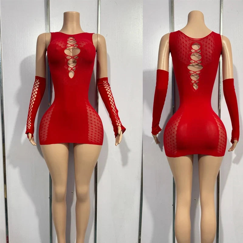 Bandage Mini Hollow Out Slim Babydoll Square Collar Gloves Backless Nightclub