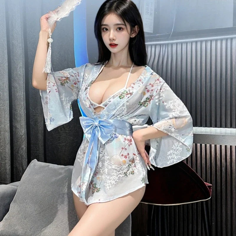 Short Style Kimono Bathrobe Temptation Print Bow Pajamas Home Nightgown Exotic Charm Costumes