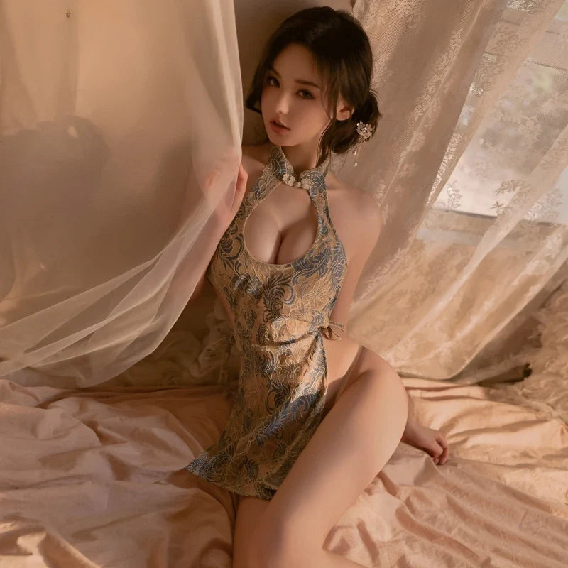 Transparent Hollow Out Bandage Slit Elegant Porno Cheongsam Pure Desire Costume
