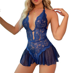 Lace Mesh Transparent Lingerie Deep V Babydoll Set
