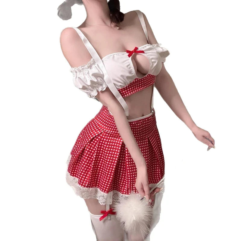 Hollow Out Nightwear Pure Desire Maid Cosplay Costumes Elegant Plaid Mini Skirt Hot Erotic Lace Home Clothing