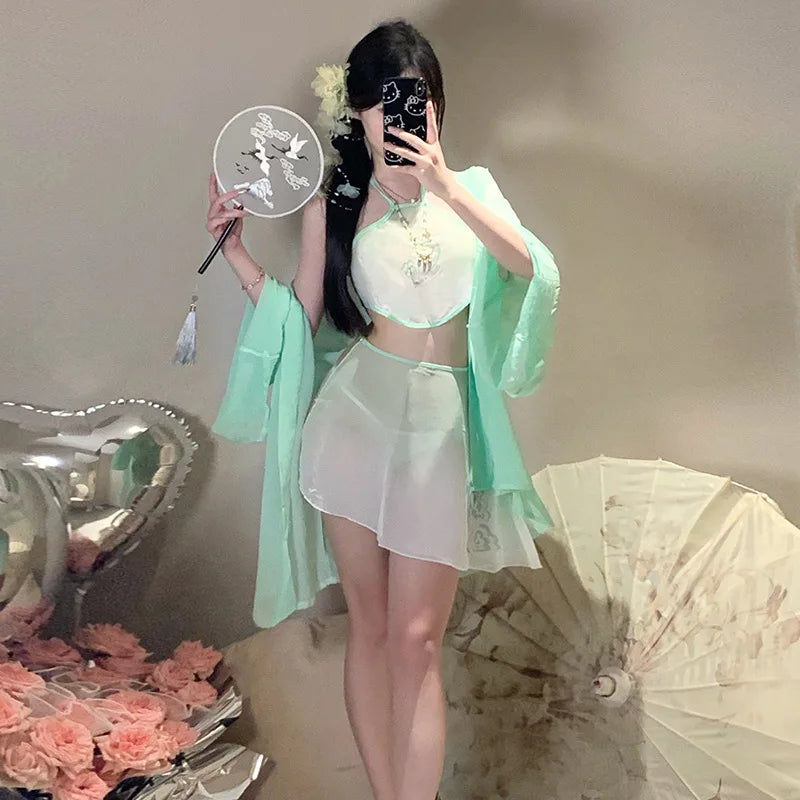 Lingerie Antique Style High Slit Hanfu Soft Bellyband See-through Outer Set