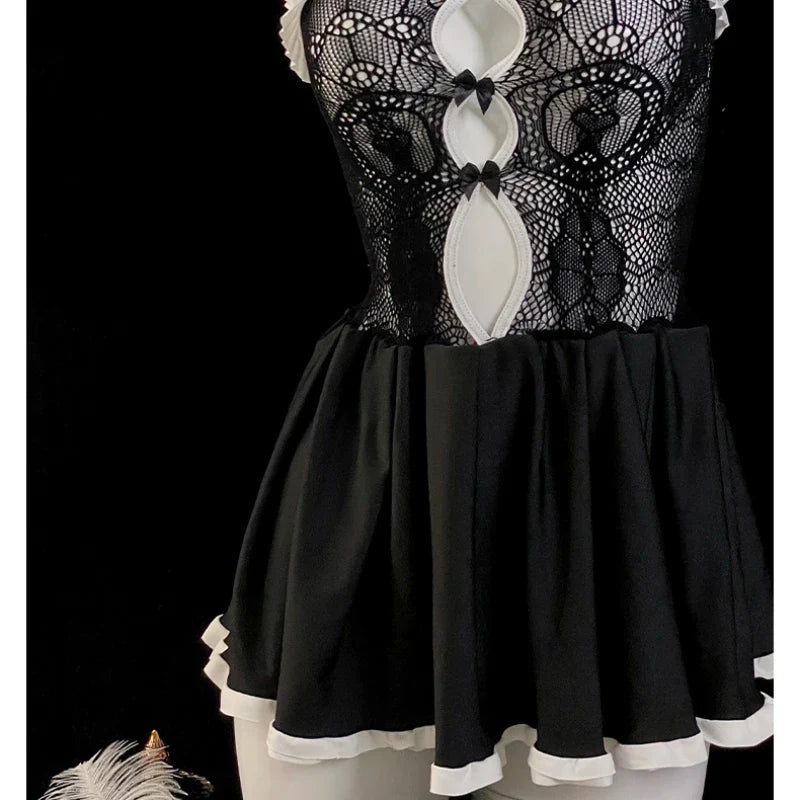 Erotic Cat Lingerie Maid Costumes Tube Top Net Hollow Back Split Sweet Bow Hollow Nightgowns Cosplay Dress