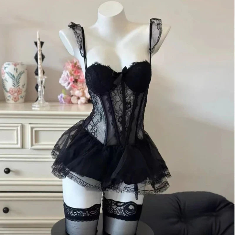 Porno Lingerie Lace Mesh Steel Ring Bra Vest Skirt Hollow Backless Set