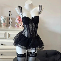 Porno Lingerie Lace Mesh Steel Ring Bra Vest Skirt Hollow Backless Set