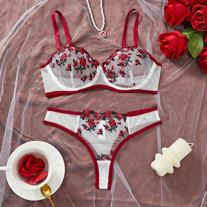 Embroidery Floral Ultra-thin Exquisite Transparent Underwear Bra Set