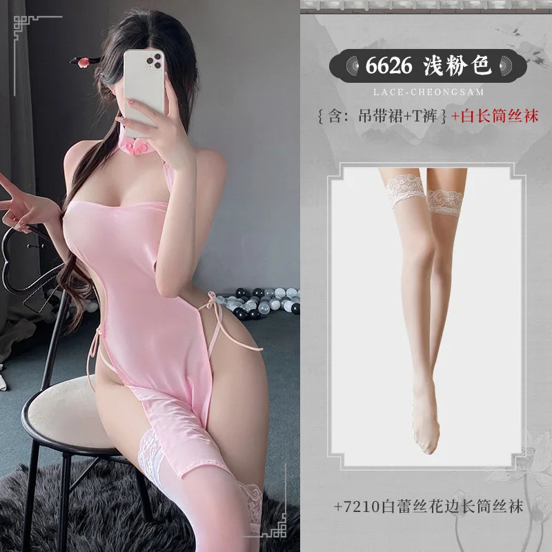 High Slit Cheongsam Ice Silk Traditional Improve Hollow Out Pajamas Exotic Charm