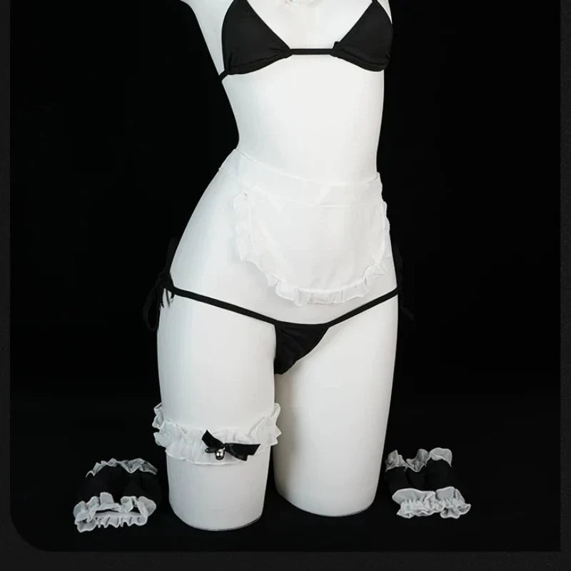 Erotic Three Point Lingerie Maid Cosplay Costumes Ruffles Mesh Waitress Cosplay Porno Adult Nightgowns
