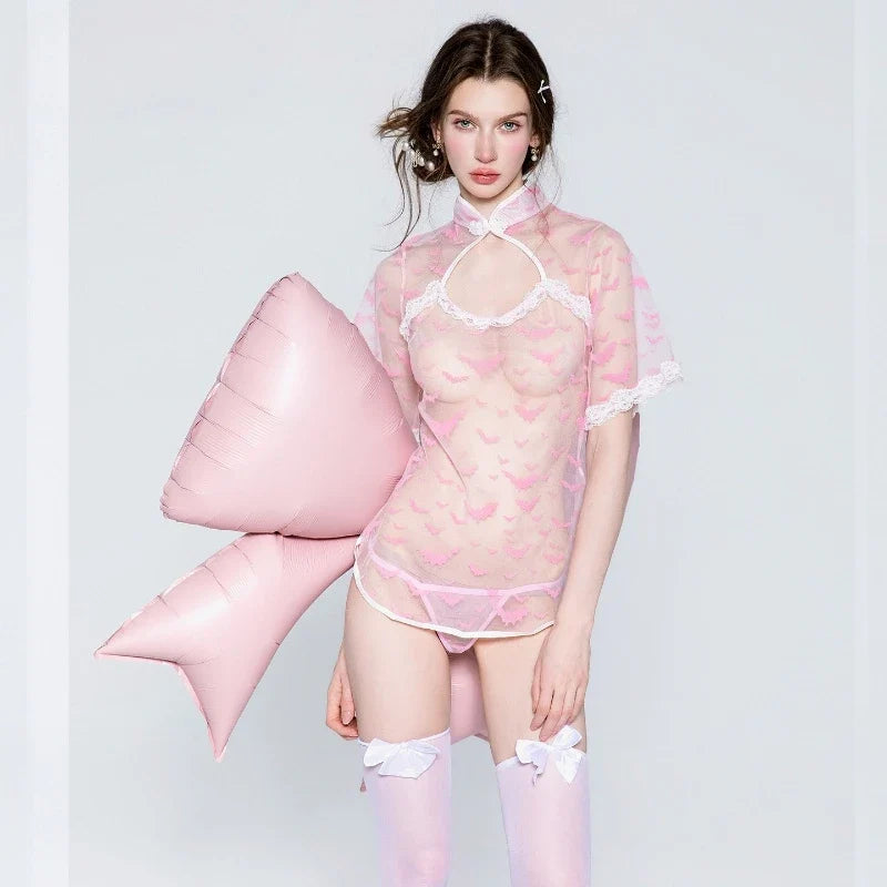 Perspective Mesh Stand Collar Cheongsam Sweet Seductive Transparent Style Erotic Home Pajamas