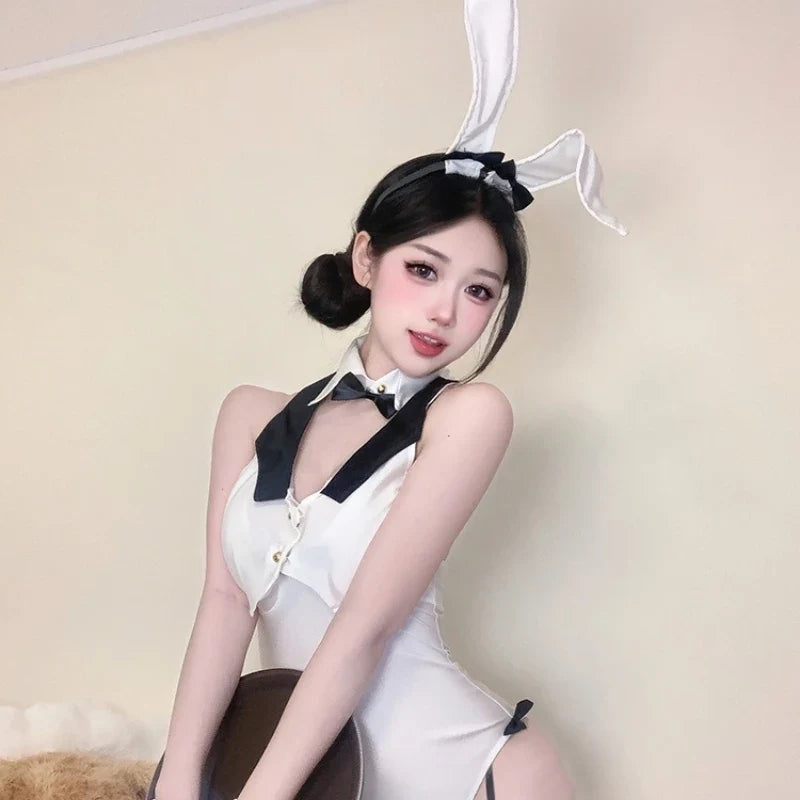 Rabbit Cosplay Lingerie Suspender Bodysuit Pajamas bow collar Decoration jumpsuit bunny Ears Headwear