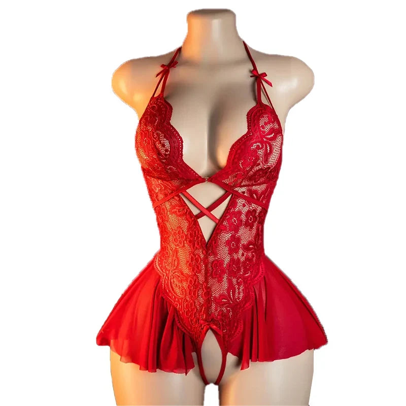 Crotchless Back Strap Lingerie Lace Hollow Bodysuit Pajamas