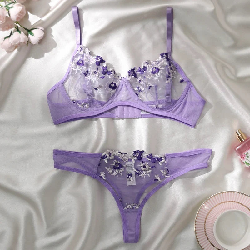 Embroidery Floral Ultra-thin Exquisite Transparent Underwear Bra Set