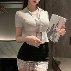 Secretary Cosplay Temptation Costumes Ultra-thin Shirt Lace Wrap Hip Miniskirt Set