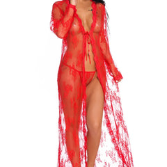Sheer Floral Lace Robe Long Sleeve Deep V-Neck Open Front Maxi Nightgowns Sets Lingeries