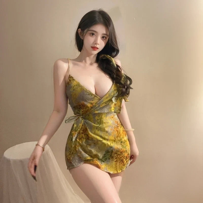 Lingerie Floral Suspender Nightgown Seductive Sleeping Skirt V-neck Couple Flirt Pajamas Adult Home