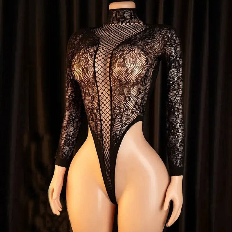 Hanging Neck Porn Crotchless Body Stockings Erotic Rave Bodysuit Open-Front Bra
