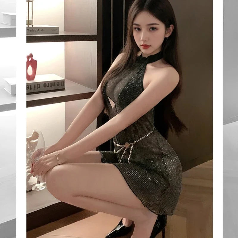 Erotic Hollow Perspective Pajamas Playful Shiny Nightclub Queen Temptation Halter Skirt  Backless