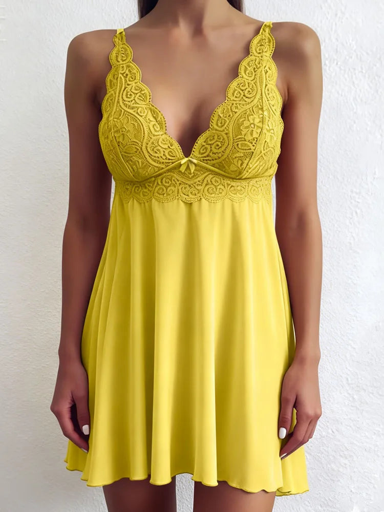 Lace Halter Babydoll Lingerie Deep V See-through Floral Mesh Chemise Mini Hot Backless Nightwear