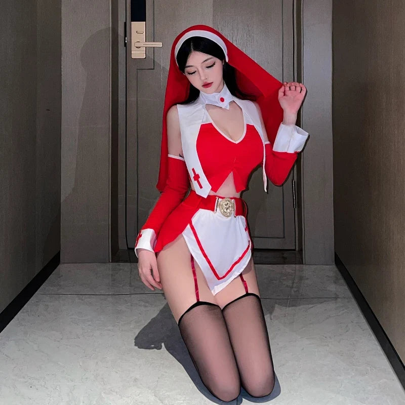 Lingerie Nun Cosplay Costumes Hollow Top Miniskirt Exotic Christmas Adult Temptation Roleplay Game Clothing