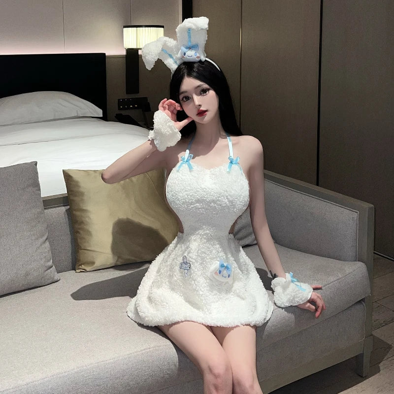 Lingerie Bandage Roleplay Rabbit Christmas Tempting Plush Bunny Ear Cosplay Outfit White Santa Claus Set