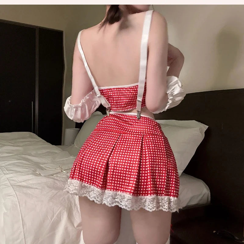 Hollow Out Nightwear Pure Desire Maid Cosplay Costumes Elegant Plaid Mini Skirt Hot Erotic Lace Home Clothing