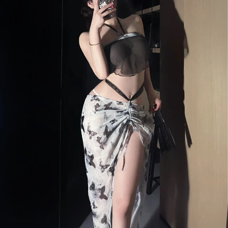 Black White Print Hanfu Ancient Style Erotic Underwear Transparent Skirt Adult Home Sleepwear