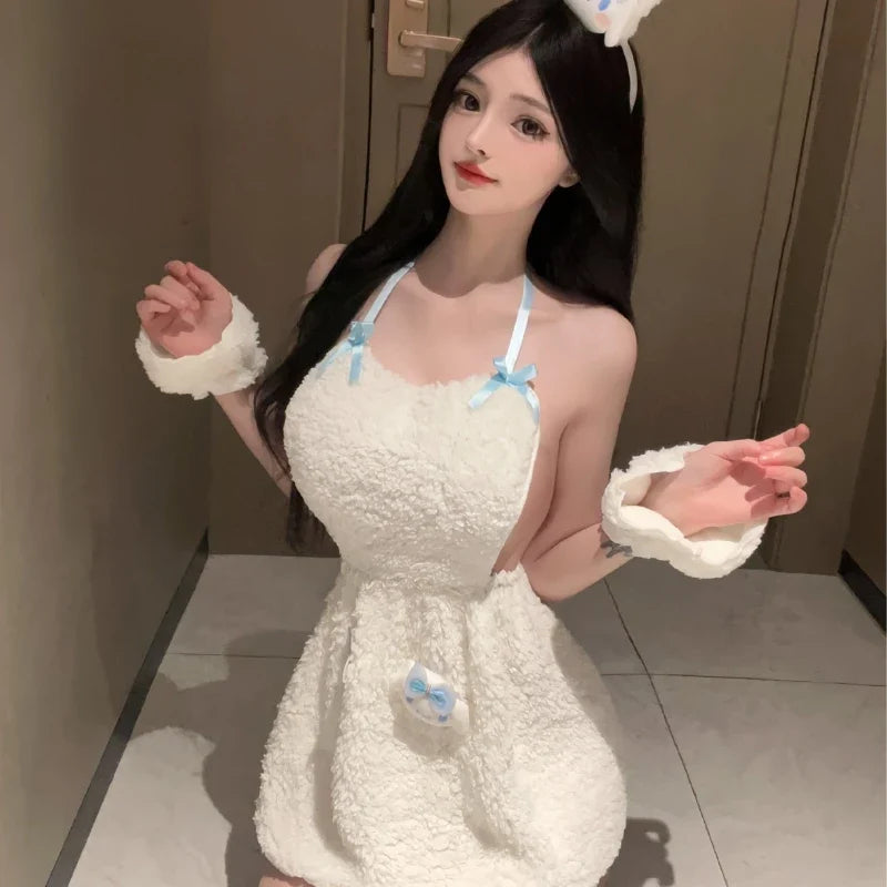 Lingerie Bandage Roleplay Rabbit Christmas Tempting Plush Bunny Ear Cosplay Outfit White Santa Claus Set