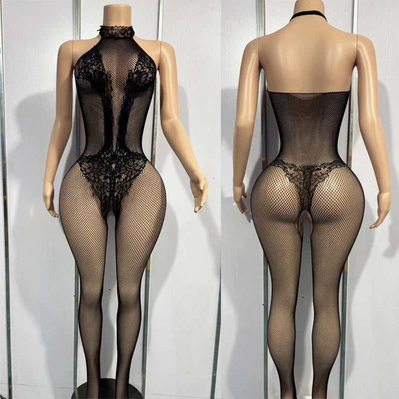 Bodystocking Erotic Lingerie Mesh Open Crotch Bodysuit Crotchless Underwear Costumes Sleeveless Catsuit Sleepwear