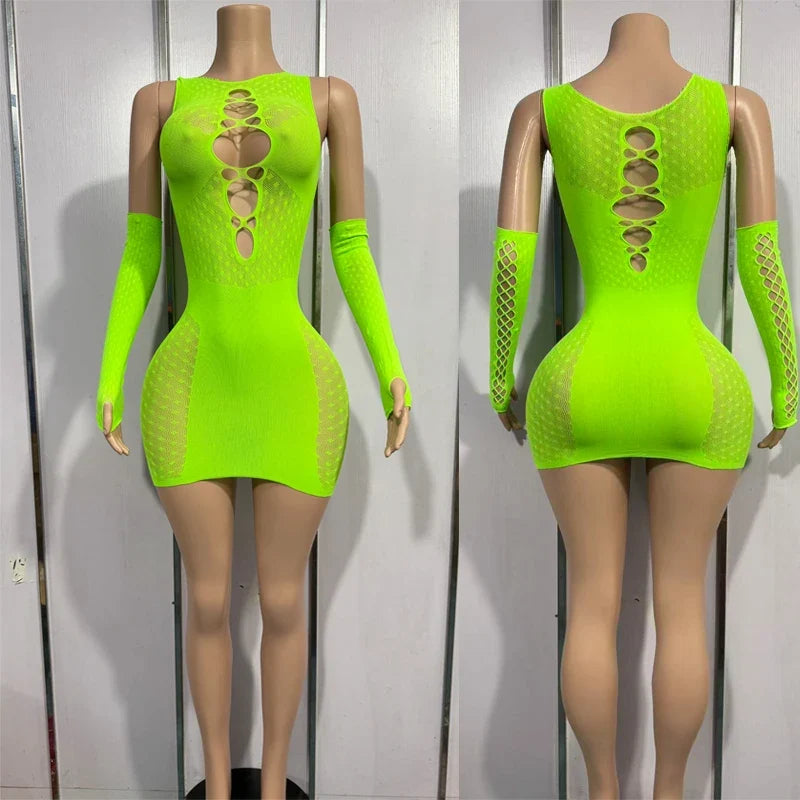 Bandage Mini Hollow Out Slim Babydoll Square Collar Gloves Backless Nightclub