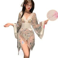 Lingerie V Neck Perspective Pajamas Bowknot Bathrobe Kimono Gauze Passion Robe Night Gown Porno Home Costume