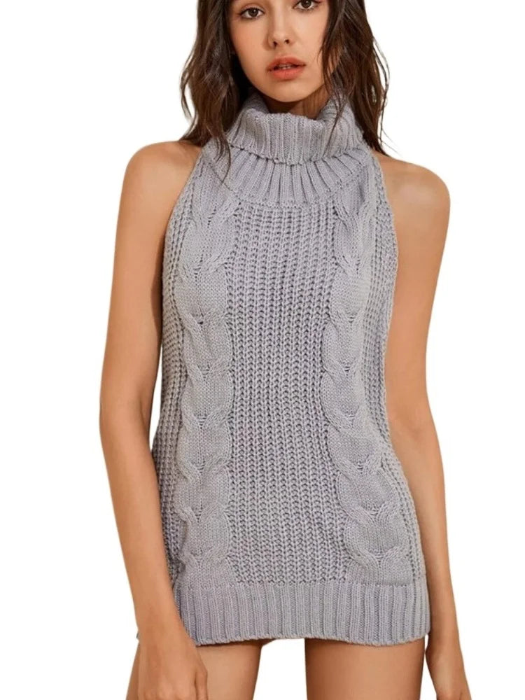 Sleeveless Turtleneck Cable Knit Backless Mini Virgin Killer Sweater Lingeries