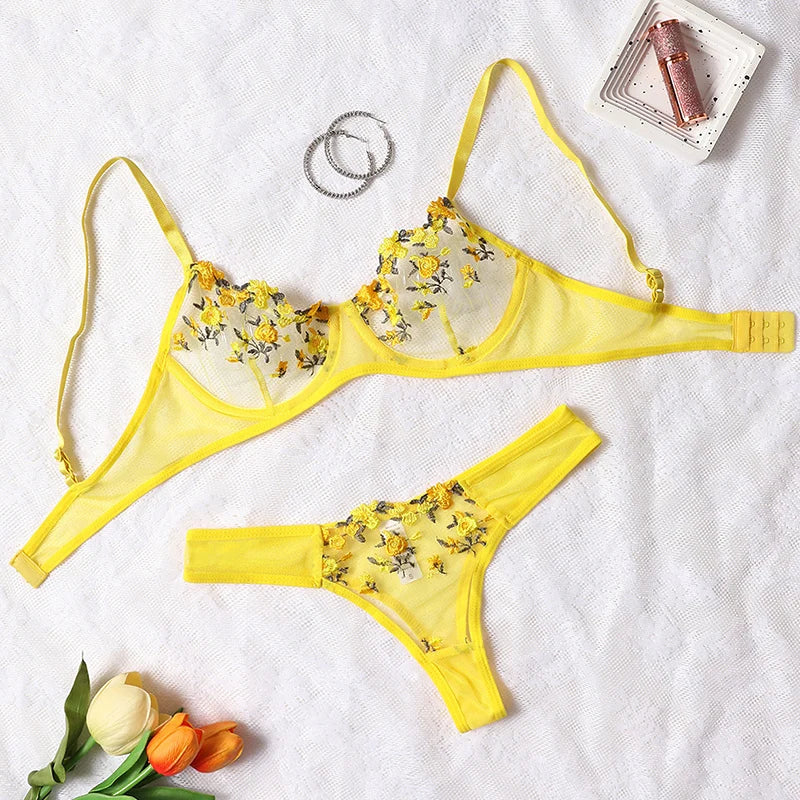 Embroidery Floral Ultra-thin Exquisite Transparent Underwear Bra Set