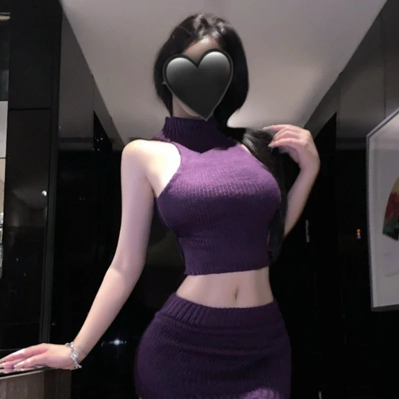Lingerie Hollow Out Sweater High Neck Top Wrap Hip Miniskirt Bare Waist Set