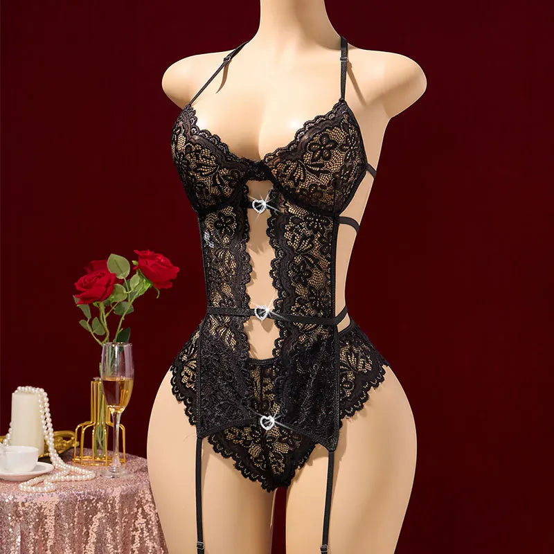 Garter Lingerie Spaghetti Strap Wire-free Bra Crotchless Bodysuit Sheer Lace Babydoll Underwear 2 Piece Sets