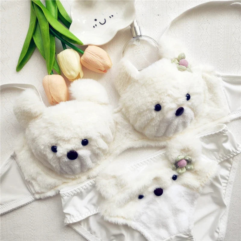 Plush Underwear Flower Briefs Cute Cartoon Comfortable Steel Ring Free Lingerie Underpants Set