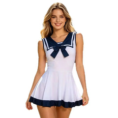 Sleeveless Sailor Mini Skirt Bow V Neck Cosplay Costume Adult SchoolRole Play Lingerie