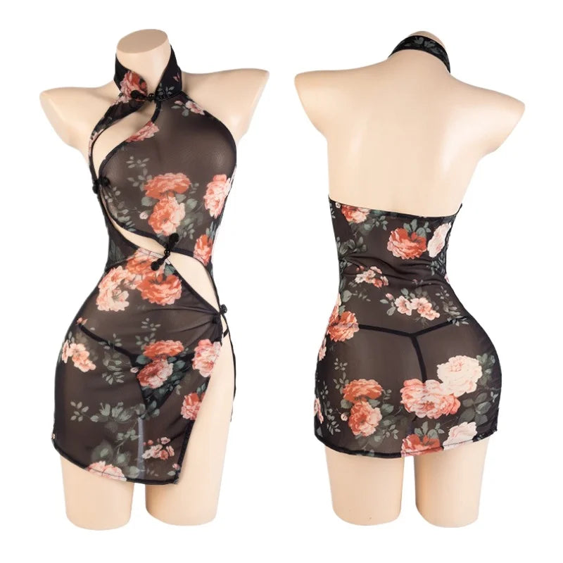 Perspective Retro Cheongsam Print Slit Skirt Traditional Improved Erotic Exotic Charm Costumes