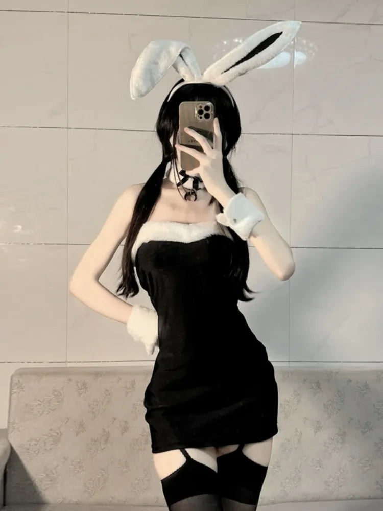 Alluring French Maid Costume Lingerie Outfit Ruffled Apron Headband Cosplay Party Fancy Exotic
