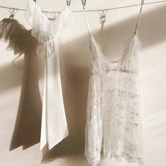 Cute Lingerie Gauze Lace Pajamas Sling Nightgown Panties Deep V-Neck Sleepwear Dot Strap