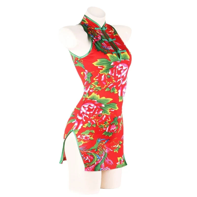 Traditional Cheongsam Ancient Floral Pajamas Slim Fit Retro Short Skirt Adult Sleeping Skirt