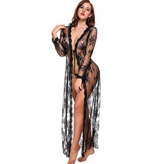 Sheer Floral Lace Robe Long Sleeve Deep V-Neck Open Front Maxi Nightgowns Sets Lingeries